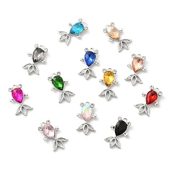 UV Plating Alloy Pendants, with Crystal Rhinestone and Glass, Platinum, Goldfish Charms, Mixed Color, 21.5x12.5x5mm, Hole: 1.6mm