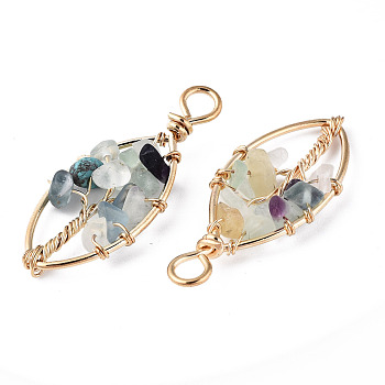 Natural Fluorite Pendants, Golden Tone Brass Wire Wrapped, Tree, Oval, 40.5~44x17.5~19x6~7.5mm, Hole: 4mm
