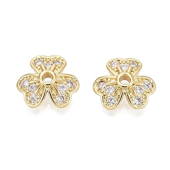 Brass Micro Pave Clear Cubic Zirconia Bead Caps, Clover, Real 18K Gold Plated, 9x10x3mm, Hole: 1.4~1.5mm