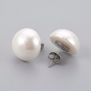 Shell Pearl Beads Ear Studs, with 304 Stainless Steel Findings, Flat Round, Stainless Steel Color, 16x9mm, Pin: 0.7mm