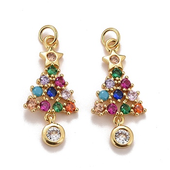 Cubic Zirconia Pendants, with Rack Plating Real 18K Gold Plated Brass, with Jump Rings, Long-Lasting Plated, Lead Free & Cadmium Free & Nickel Free, Christmas Trees, Colorful, 22.5x11x2mm, Jump Ring: 4x0.6mm, 2.5mm Inner Diameter