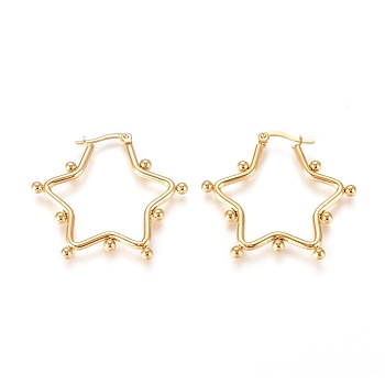 304 Stainless Steel Hoop Earrings, Hypoallergenic Earrings, with Round Beads, Star, Golden, 34.5x37.5x3mm, Pin: 0.5x0.9mm