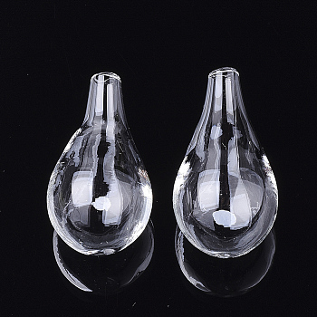 Handmade Blown Glass Bottles, for Glass Vial Pendants Making, Teardrop, Clear, 32.5~33.5x18~18.5mm, Half Hole: 3~3.5mm