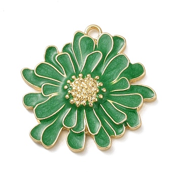 Alloy Enamel Pendants, Golden, Flower Charm, Green, 35x36x4.5mm, Hole: 3mm