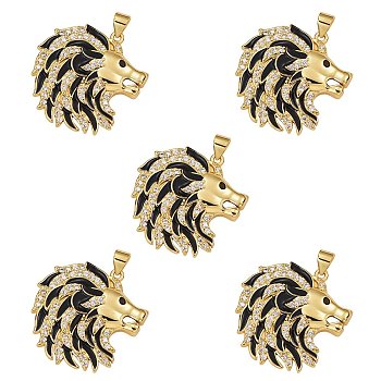 5Pcs Brass Micro Pave Clear Cubic Zirconia Pendants, with Black Enamel, Nickel Free, Wolf, Real 18K Gold Plated, 26.5x26x5mm, Hole: 3x5mm