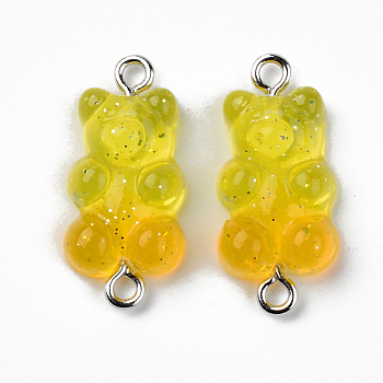 Transparent Resin Links, with Glitter Powder and Platinum Tone Iron Loops, Bear, Yellow, 24~25x11x7mm, Hole: 1.8mm