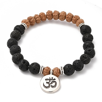 Yoga Theme Lava Rock Bodhi Wood Beads Stretch Charm Bracelets, with Tibetan Style Alloy Findings, Lotus, 50mm, about 22pcs/strand