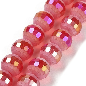 Electroplate Glass Beads Strands, AB Color Plated, Frosted and Faceted(96 Facets), Round, FireBrick, 9.5~10x9~9.5mm, Hole: 1.8mm, about 69~70pcs/strand, 24.57''(62.4~63.1cm)