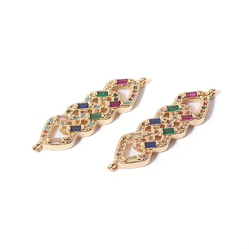 Brass Micro Pave Cubic Zirconia Links connectors, Rhombus, Colorful, Golden, 9.5x34x3mm, Hole: 1.2mm