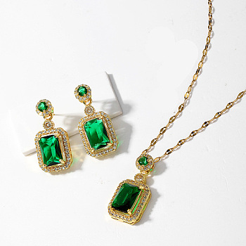 Brass Micro Pave Cubic Zirconia Jewelry Sets for Women, Dangle Stud Earring & Pendant Necklaces, Rectangle, Real 18K Gold Plated, Green, 15-3/4 inch(40cm) & 30x15mm