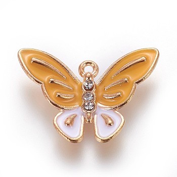 Zinc Alloy Pendants, with Enamel and Rhinestone, Butterfly, Light Gold, Gold, 18x25.5x3.5mm, Hole: 1mm