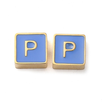 304 Stainless Steel Enamel Beads, Real 14K Gold Plated, Square with Letter, Letter P, 8x8x4mm, Hole: 2mm