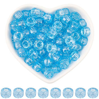 500Pcs Transparent Plastic Beads, with Glitter Powder, Barrel, Light Sky Blue, 9x6mm, Hole: 3.8mm
