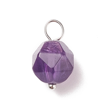 Faceted Natural Amethyst  Pendants, with Platinum Tone Brass Loops, Star Cut Round Charm, 13.5x7.5~8x7.5~8mm, Hole: 3mm