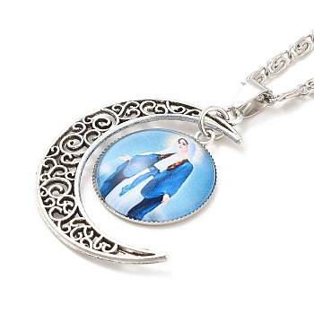 Glass Religion Fairy with Crescent Moon Pendant Necklace, Antique Silver Alloy Jewelry for Women, Light Blue, 18.31 inch(46.5cm)