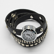 Adjustable PU Leather Watches, with Iron Snaps and Alloy Findings, Platinum, Black, 610x29mm(WACH-R178-08)