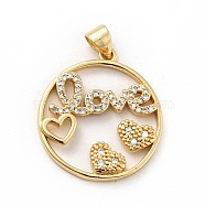 Rack Plating Brass Micro Pave Clear Cubic Zirconia Pendants, Long-Lasting Plated, Lead Free & Cadmium Free, Round Ring with Heart and Word Love, Real 18K Gold Plated, 24x22x3mm, Hole: 3.5x4mm(X-ZIRC-F129-41G)