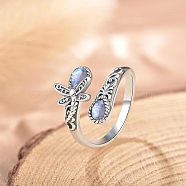 Teardrop & Dragonfly Bohemian Style Zinc Alloy with Natural Moonstone Cuff Rings for Women, Inner Diameter: Adjustable(FS-WGB4FBF-01)