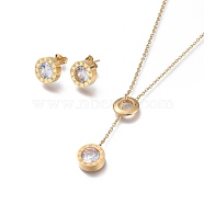 304 Stainless Steel Rhinestone Jewelry Sets, Cable Chains Pendant Necklaces and Stud Earrings, with Ear Nuts and Lobster Claw Clasps, Flat Round, Golden, 19.68 inch(50cm), 11mm, Pin: 0.7mm(SJEW-M097-04G)