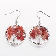 Dangle Earrings, with Natural Carnelian Beads and Brass Hooks, Ring with Tree of Life, 50mm, Pin: 0.6mm(EJEW-N0030-04)