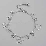 Brass Star Charm Anklets, with Cable Chains and Bell Charms, Platinum, 8-5/8 inch(21.8cm)(X-AJEW-B005-10P)