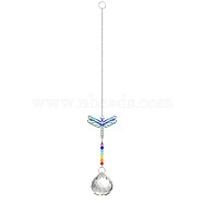 Metal Animal Hanging Ornaments, Teardrop & Rainbow Color Glass Suncatchers for Home Outdoor Decoration, Dragonfly, 345x65mm(PW-WG55138-05)