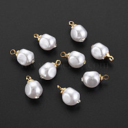 ABS Plastic Imitation Pearl Charms, with Golden Plated Brass Loop and Crystal Rhinestone, Nuggets, Creamy White, 12.5x7.5x8mm, Hole: 1.6mm(KK-N242-024)