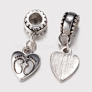 Alloy European Dangle Charms, Large Hole Pendants, Heart with Footprint, Antique Silver, 9x5.5mm, Hole: 5mm(PALLOY-S085-025AS)