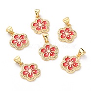 Brass Micro Pave Cubic Zirconia Pendants, Real 18K Gold Plated, Long-Lasting Plated, Flower, Red, 16x13.5x1.5mm, Hole: 5x3mm(ZIRC-H120-02E-G)