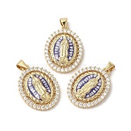 Oval with Virgin Mary Brass Micro Pave Cubic Zirconia Pendants, with Enamel & Shell, Long-Lasting Plated, Lead Free & Cadmium Free, Real 18K Gold Plated, Blue, 24.5x18.5x4mm, Hole: 5x3.5mm(KK-K385-031G)