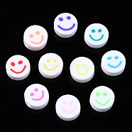 Handmade Polymer Clay Beads, for DIY Jewelry Crafts Supplies, Flat Round with Smiling Face, Mixed Color, 10x4~4.5mm, Hole: 1.8mm(CLAY-N008-040)