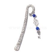 Mother's Day Key & Infinity Love Heart Pendant Bookmark with Natural Malaysia Jade, Flower Pattern Tibetan Style Alloy Hook Bookmarks, 124x21x3mm, Pendant: 75x8.5x8.5mm(AJEW-JK00259-04)