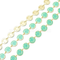 Brass & Enamel Link Chain, with Spool, Long-Lasting Plated, Flat Round with Smiling Face, Unwelded, Turquoise, 8x1mm, about 10.93 yards(10m)/roll(CHC-D029-16G-07)