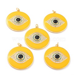 Real 18K Gold Plated Brass Micro Pave Cubic Zirconia Pendants, with Jump Ring and Enamel, Long-Lasting Plated, Flat Round with 
Evil Eye, Yellow, 33x30x4mm, Jump Ring: 5x1mm, 3mm Inner Diameter(ZIRC-L100-084G-03)