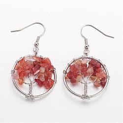 Dangle Earrings, with Natural Carnelian Beads and Brass Hooks, Ring with Tree of Life, 50mm, Pin: 0.6mm(EJEW-N0030-04)