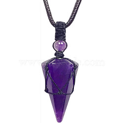 Natural Amethyst Cone Pendant Necklaces, Wax String Macrame Pouch Necklace, 20.08~31.50 inch(51~80cm)(PW-WG75823-03)