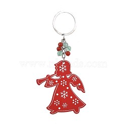 Dyed Poplar Wood Keychain, with Iron Keychain Findings, Natural Green Aventurine and Carnelian Beads, Angel, Red, 122mm(KEYC-JKC00205-05)