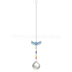 Metal Animal Hanging Ornaments, Teardrop & Rainbow Color Glass Suncatchers for Home Outdoor Decoration, Dragonfly, 345x65mm(PW-WG55138-05)