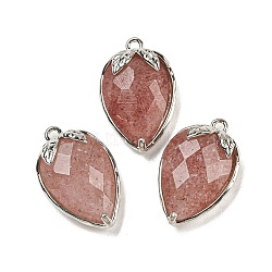 Natural Strawberry Quartz Faceted Pendants, Rack Plating Brass Strawberry Charms, Platinum, 18x11x5~5.5mm, Hole: 1.2mm(X-G-M431-06P-06)