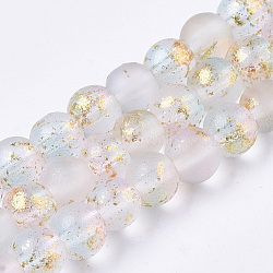 Frosted Spray Painted Glass Beads Strands, with Golden Foil, Round, Lavender Blush, 4~5mm, Hole: 0.9~1.2mm, about 95~103pcs/Strand, 13.78 inch~14.88 inch(35~37.8cm)(GLAA-N035-03A-C07)