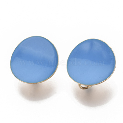 Light Gold Plated Iron Stud Earring Findings, with Enamel and Loop, Flat Round, Cadmium Free & Nickel Free & Lead Free, Dodger Blue, 20.5mm, Hole: 4mm, Pin: 0.9mm(X-IFIN-T014-01C-NR)