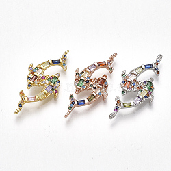 Brass Cubic Zirconia Links, Dolphin, Mixed Color, 31x15x3.5mm, Hole: 0.8mm(ZIRC-S061-78)