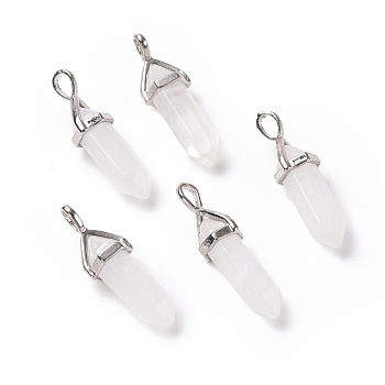 Natural Quartz Crystal Pendants, Rock Crystal Pendants, Faceted, with Platinum Tone Brass Findings, Lead free & Cadmium Free, Bullet, 27~30x9~10x7~8mm, Hole: 4x3mm