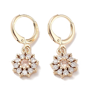 Real 18K Gold Plated Brass Dangle Leverback Earrings, with Cubic Zirconia and Glass, Flower, PeachPuff, 26x10.5mm