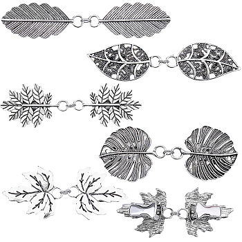 5Pcs 5 Styles Alloy Cardigan Clips, Sweater Collar Clips, Leaf, Antique Silver, 71~94x20~30x13~14mm, 1pc/style