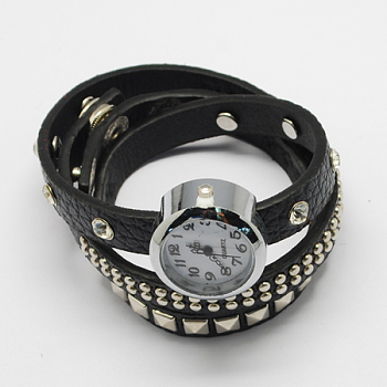 Adjustable PU Leather Watches, with Iron Snaps and Alloy Findings, Platinum, Black, 610x29mm