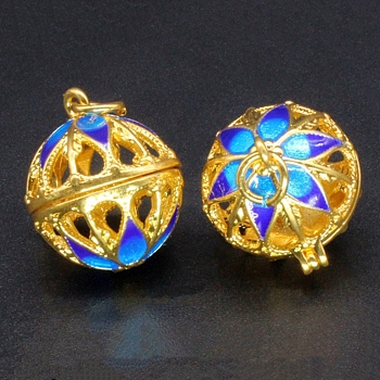 Brass Enamel Hollow Bead Cage Pendants, Round with Flower Charm, for Chime Ball Pendant Necklaces Making, Golden, 18mm