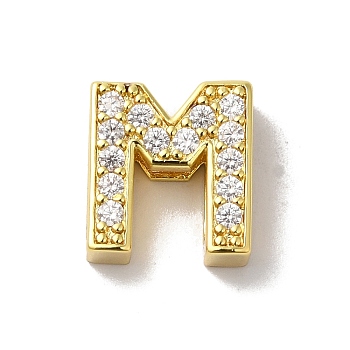 Brass Micro Pave Cubic Zirconia Beads, Lead Free & Cadmium Free, Long-Lasting Plated, Real 18K Gold Plated, Letter M, 12x11x4.5mm, Hole: 9x2mm