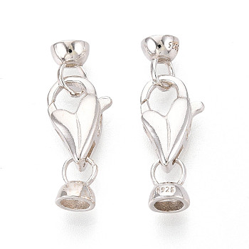 925 Sterling Silver Lobster Claw Clasps, with 925 Stamp & Cord Ends, Silver, 25x9x4.5mm, Hole: 3.5mm