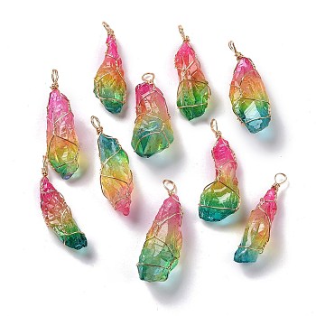 Natural Raw Quartz Crystal Pendants, Dyed, Copper Wire Wrapped Druzy Quartz Crystal Nuggets Charms, 52.5~59x16~21x11.5~19mm, Hole: 5.5~6x4.5~5.5mm